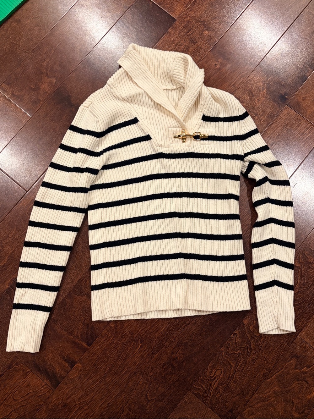 Ralph Lauren Cream and Black Striped Cowlneck Sweater with Gold Toggle